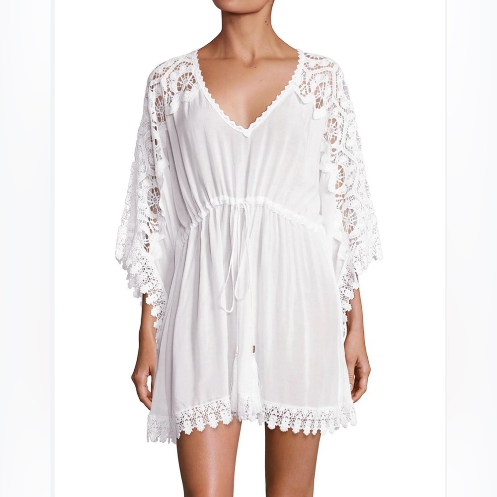 Melissa Odabash Floral Crochet Lace Inset Short Kaftan White Size OS Coverup - Picture 4 of 14